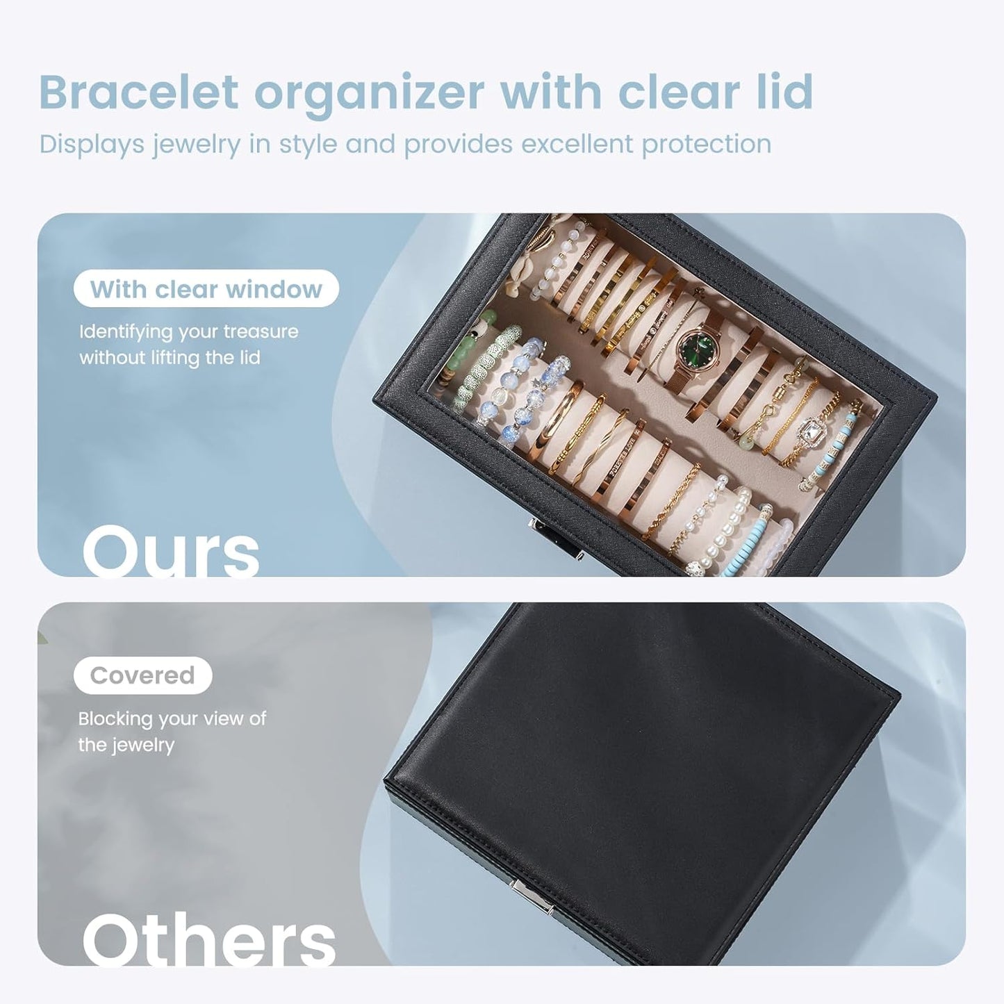 Bracelet Display Holder with Rods for Bangles Watches, Clear Lid Jewelry Organizer Box