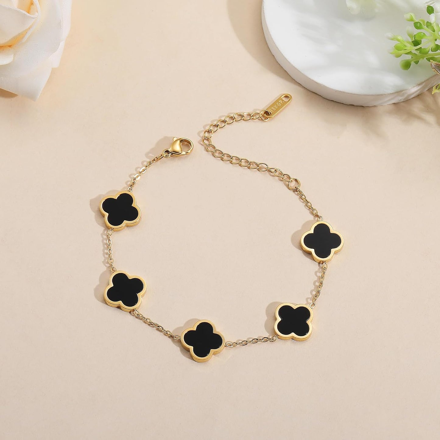 18K Gold Plated Clover Lucky Bracelet for Women White/Black/Red/Green Flower Four Leaf Link Bracelets