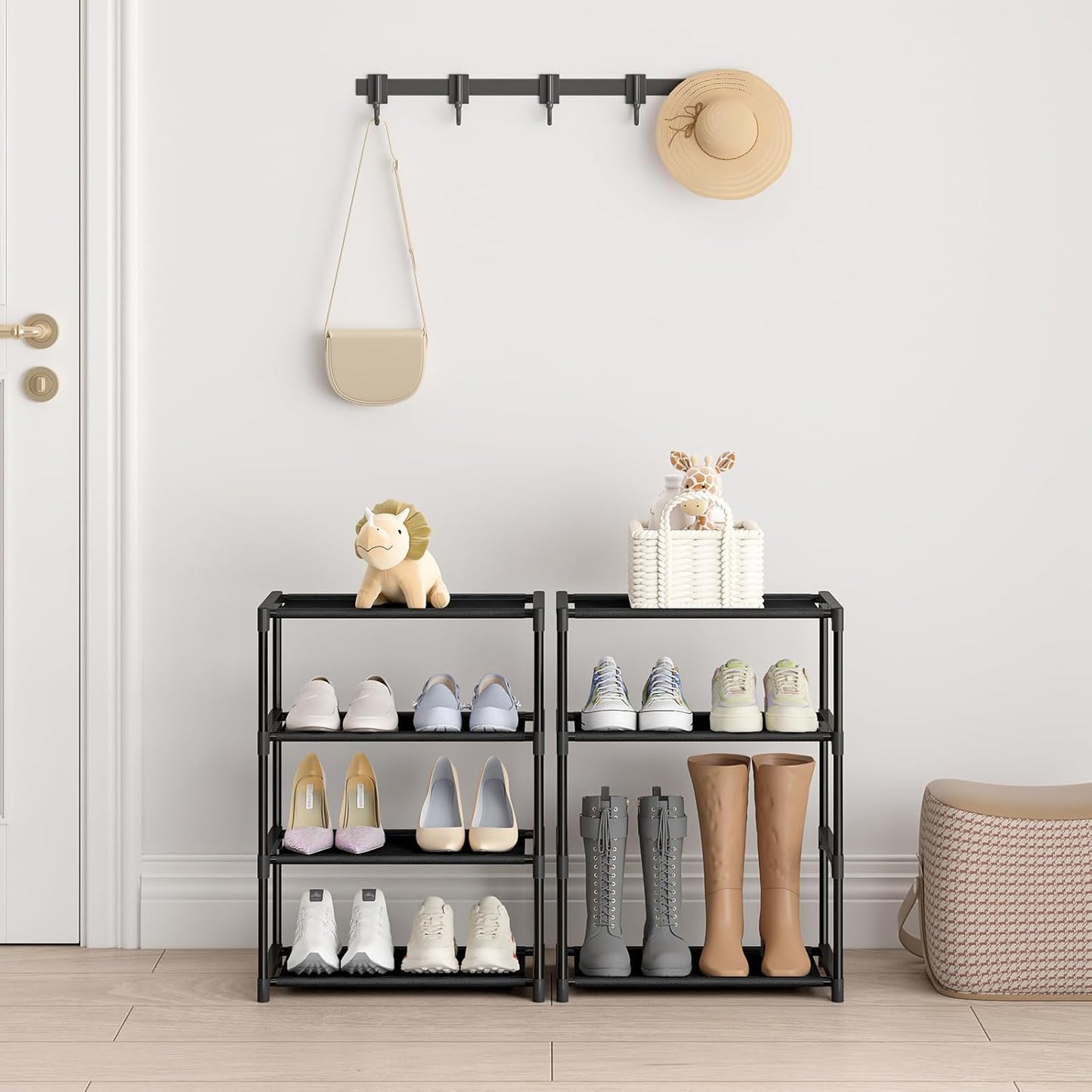 4 Tier Small Shoe Rack, Narrow Stackable  Adult Shoe Storage Organizer