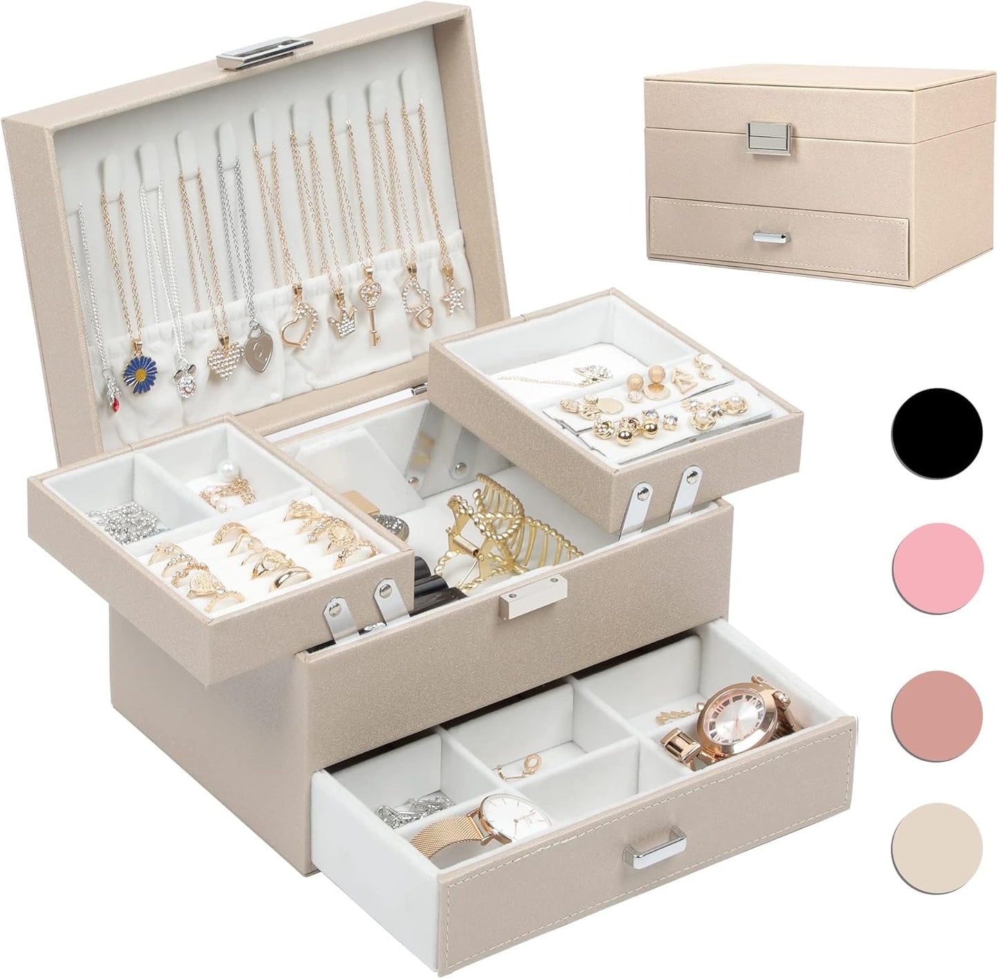 Jewelry Boxes for Women Girls, 3 Layers Jewelry Storage Organizer for Earring, Ring, Necklace, Bracelets
