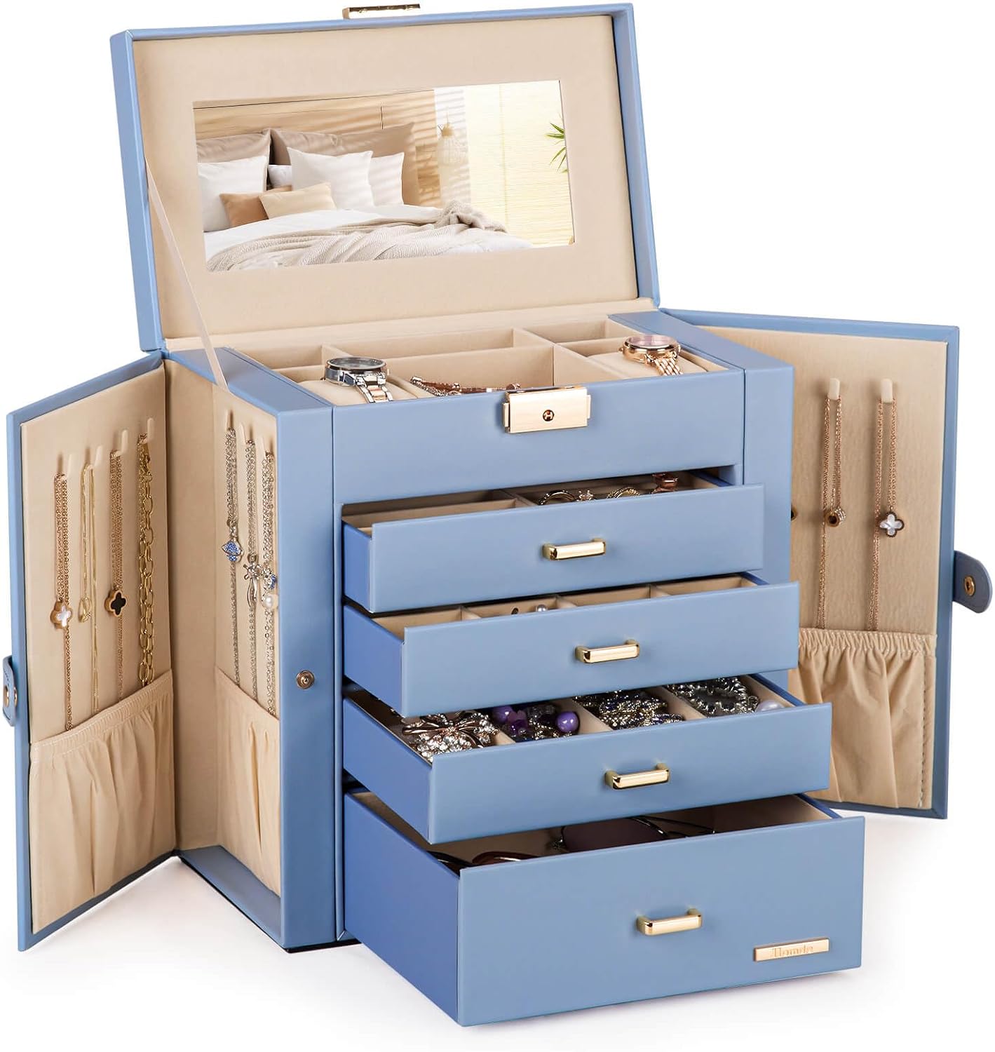Synthetic Leather Huge Jewelry Box Mirrored Watch Organizer Necklace Ring Earring Storage Lockable