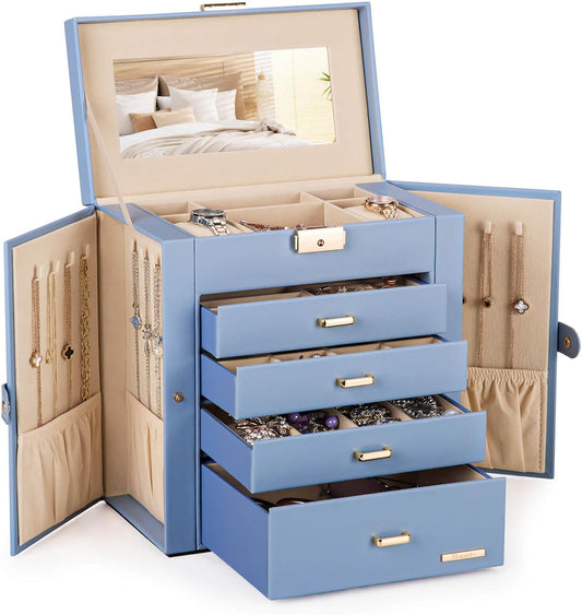 Synthetic Leather Huge Jewelry Box Mirrored Watch Organizer Necklace Ring Earring Storage Lockable