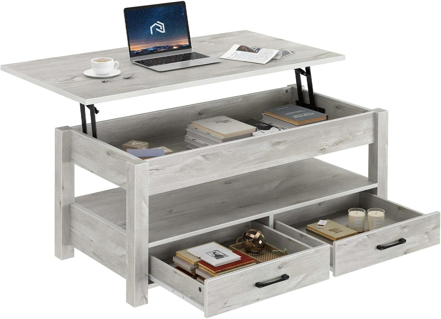 Living Lift Top Coffee Table with Drawers and Hidden Compartment, Retro Central Table with Wooden Lift Tabletop