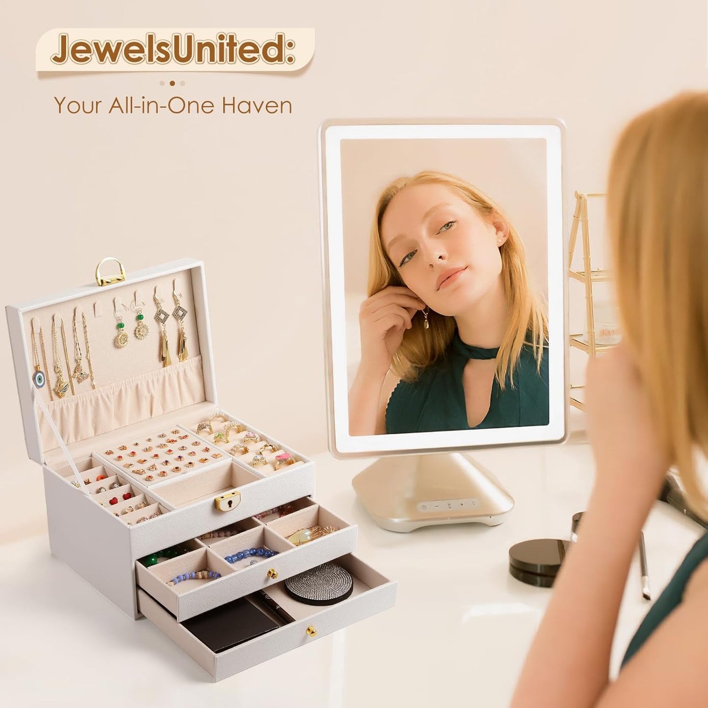 3 Layer Jewelry Box, Lockable Jewelry Holder Organizer with Jewelry Drawer