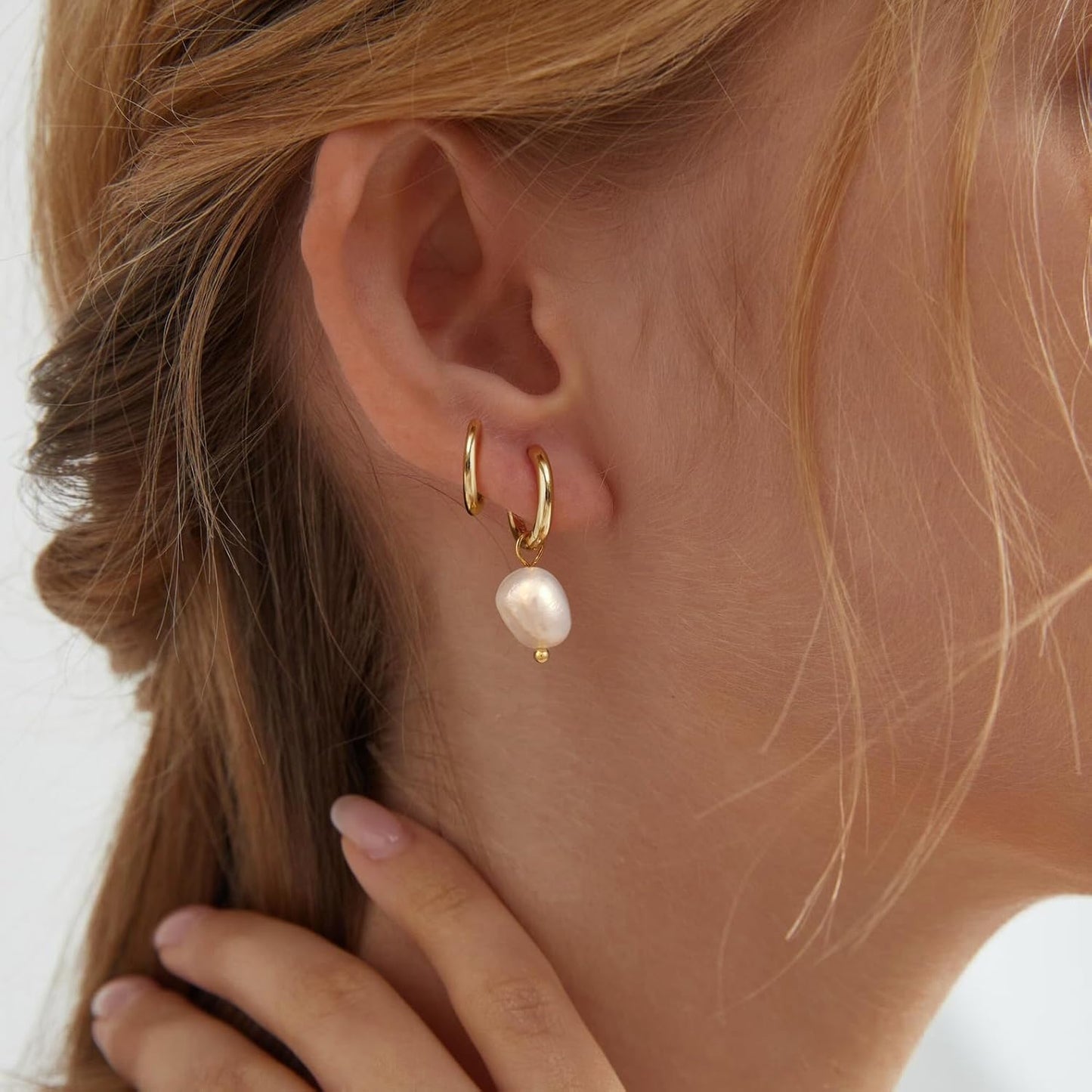 Pearl Dangle Hoop Earrings for Women - Dainty14K Gold Plated Small Drop Chain Hoops Trendy Earring Sets for
