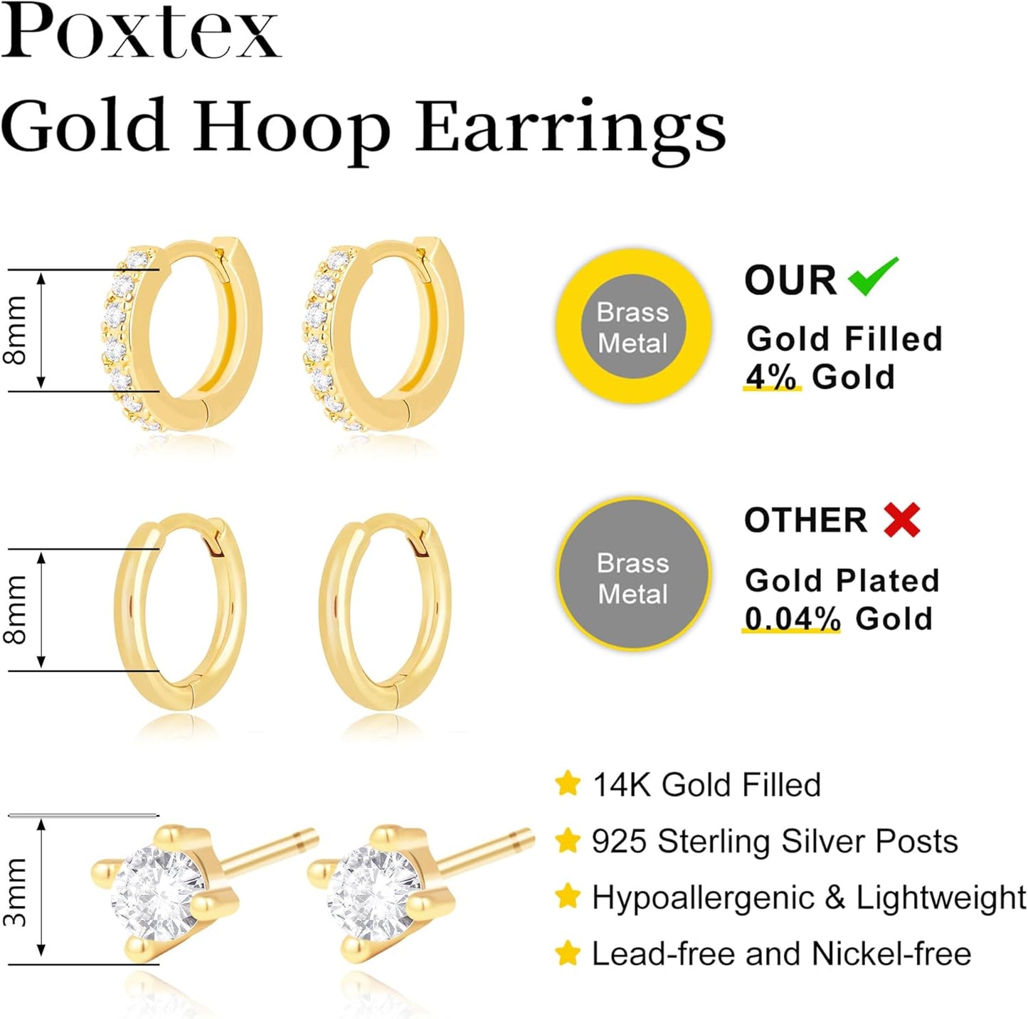 Small Sterling Silver Huggie Hoop Earrings Set for Women, 14K Gold Plated Hoops Stacks for Multiple Piercings