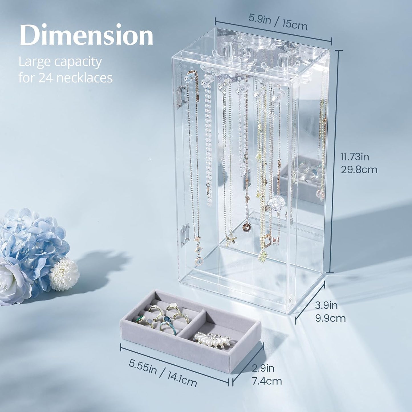 Acrylic Jewelry Organizer with 24 Hooks, Rotating Clear Necklaces Display Box with Built-in Mirror