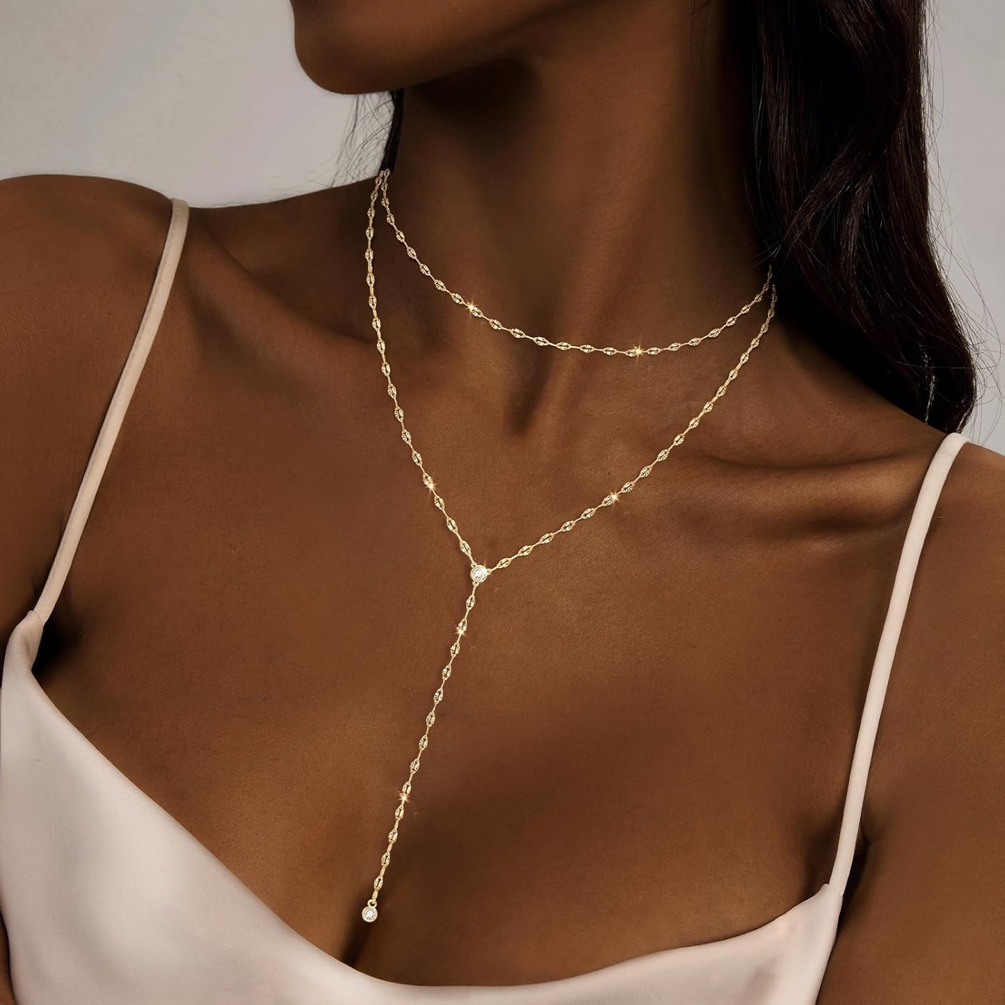 Dainty Y-Shaped Pendant Necklace: 14k Gold Plated/Silver Beaded Chain, Trendy Long Lariat for Women