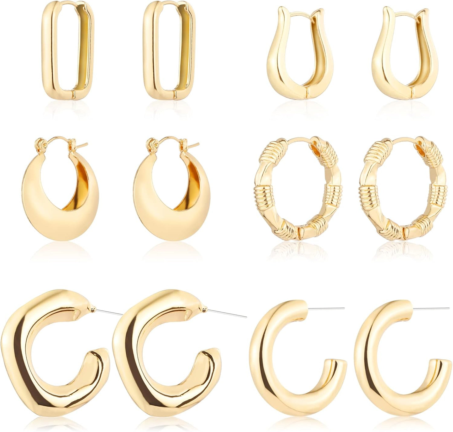 6 Pairs 14K Gold Hoop Earrings for Hoop Earrings Multipack Thick Open Twisted Huggie Hoops Earring Set Jewelry for Gifts.