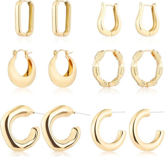 6 Pairs 14K Gold Hoop Earrings for Hoop Earrings Multipack Thick Open Twisted Huggie Hoops Earring Set Jewelry for Gifts.