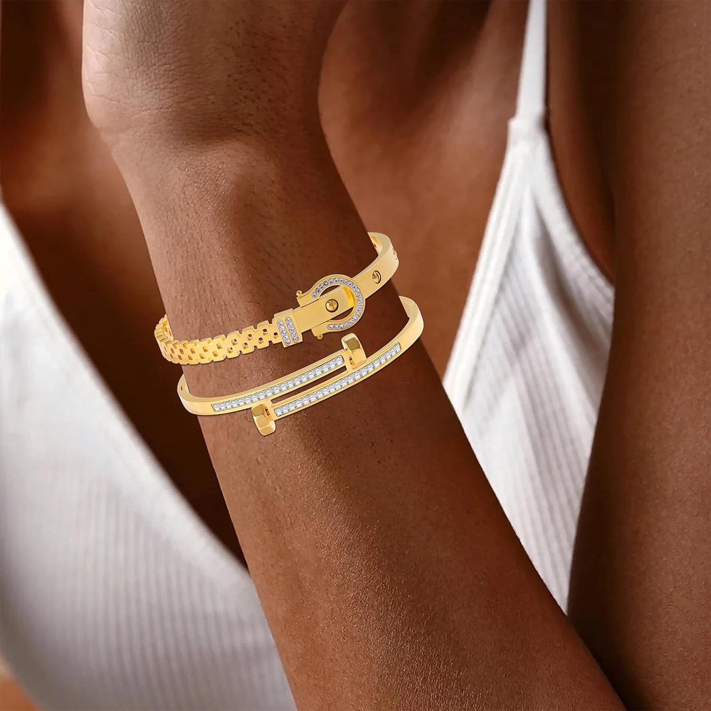 2PCS Gold Bracelets for Women Friendship & Love Theme Crystal Bangle Set Stainless Steel Non Tarnish Jewelry