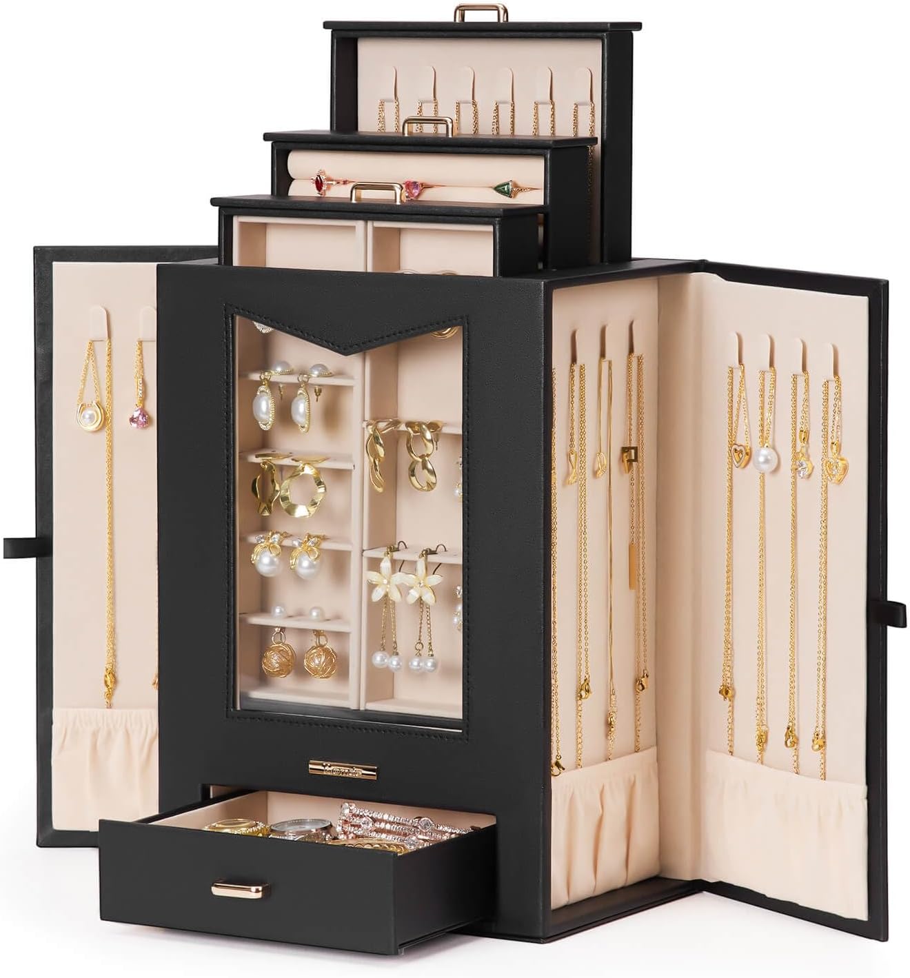 Jewelry Organizer with Transparent Window Necklace Hooks Jewelry Box for Necklaces Rings Earrings Bracelets