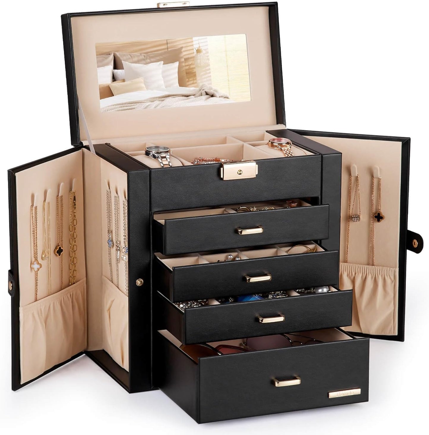 Synthetic Leather Huge Jewelry Box Mirrored Watch Organizer Necklace Ring Earring Storage Lockable