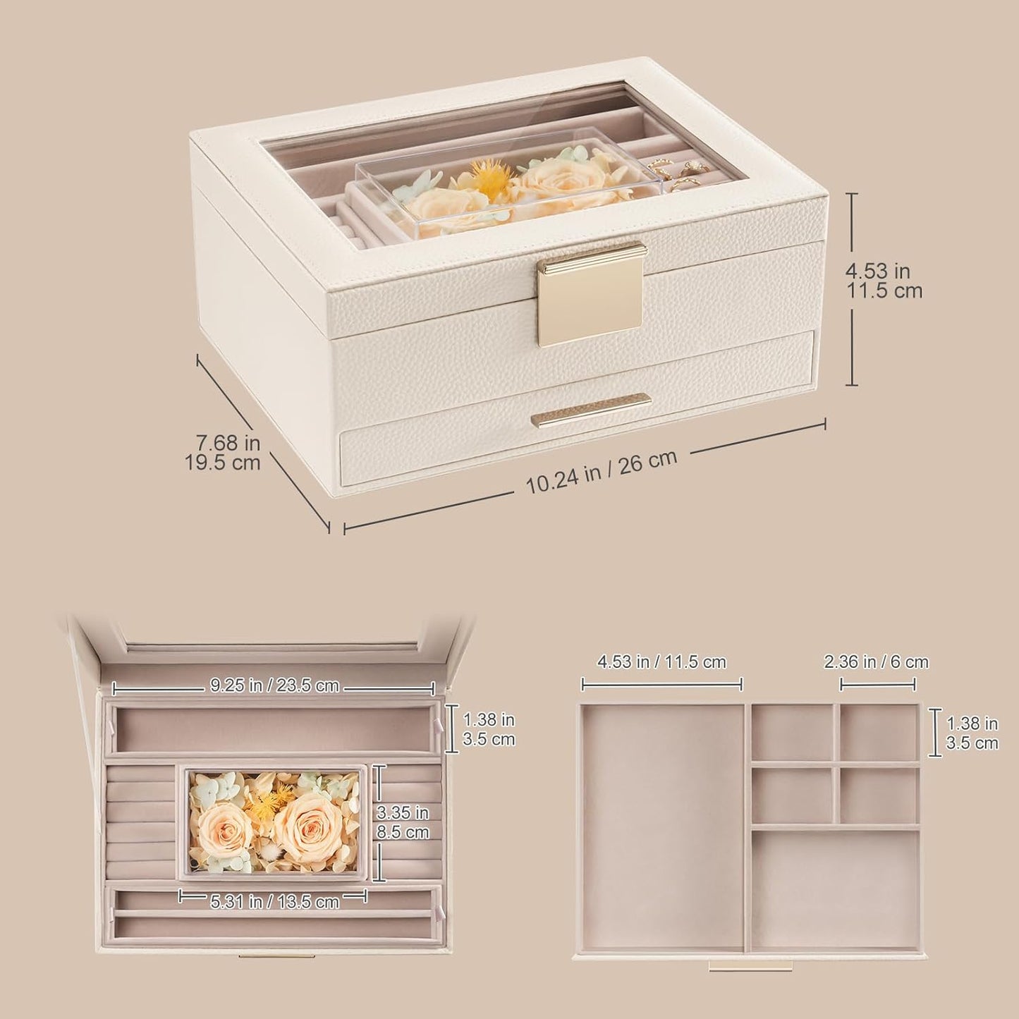Jewelry Organizer with Glass Lid, 2-Layer Jewelry Box Case with Drawer, Gift for Women Mom