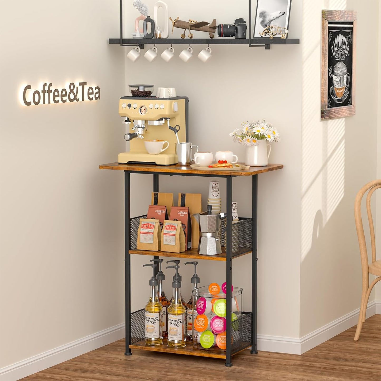 Mini Floor Standing Coffee Bar Shelf,3-Tier Small Coffee Table,Corner Farmhouse Coffee Bar Cabinet;Dining Room