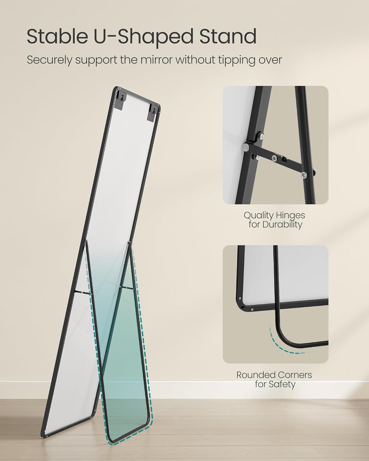 63 x 20 Inches, Rectangle Full Body Mirror with Stand, Aluminum Alloy Frame Floor Mirror, Tempered Glass