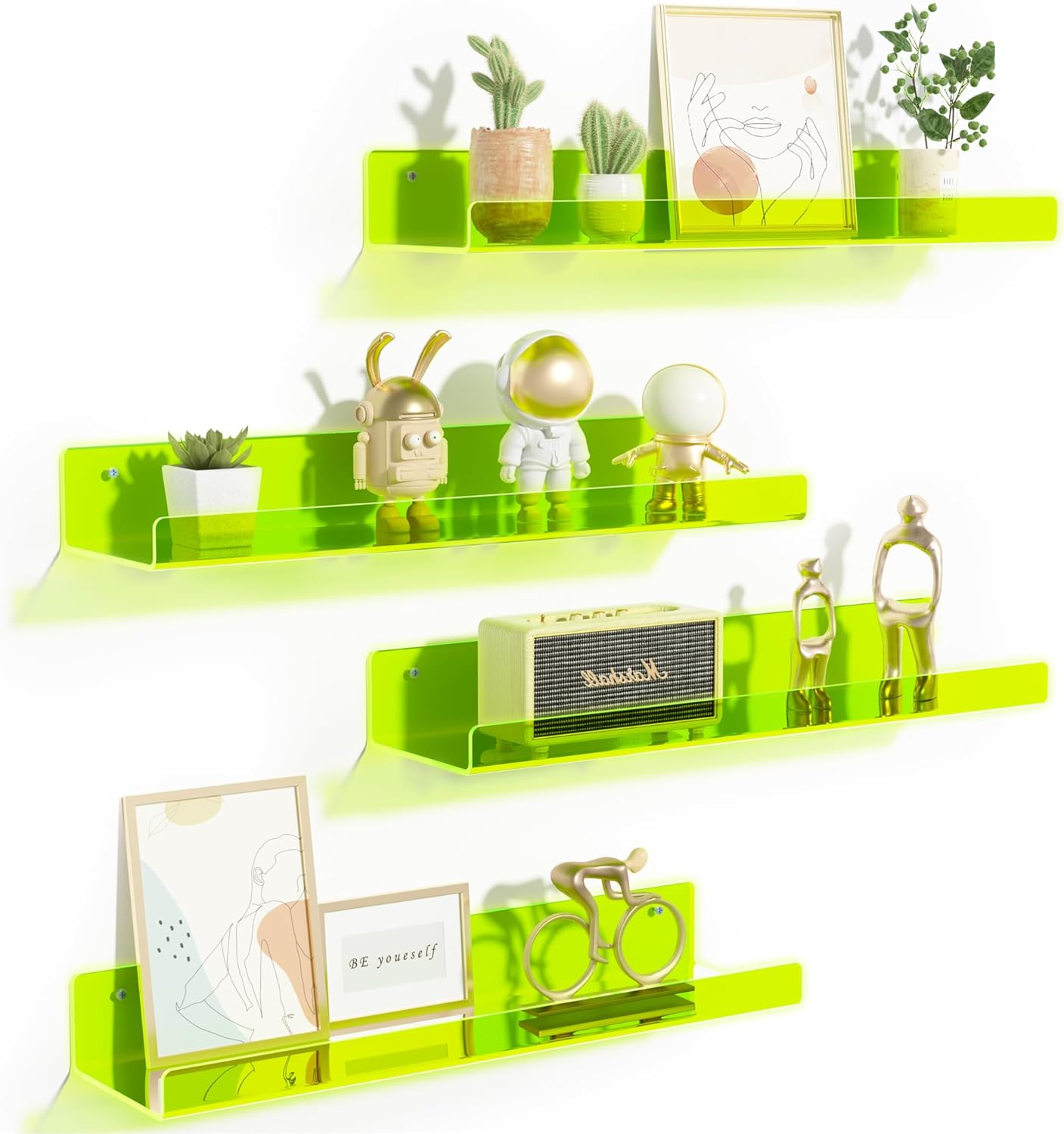 Acrylic Shelves for Bathroom Storage, 15" Floating Shelves Wall Organizer, 4 Pack