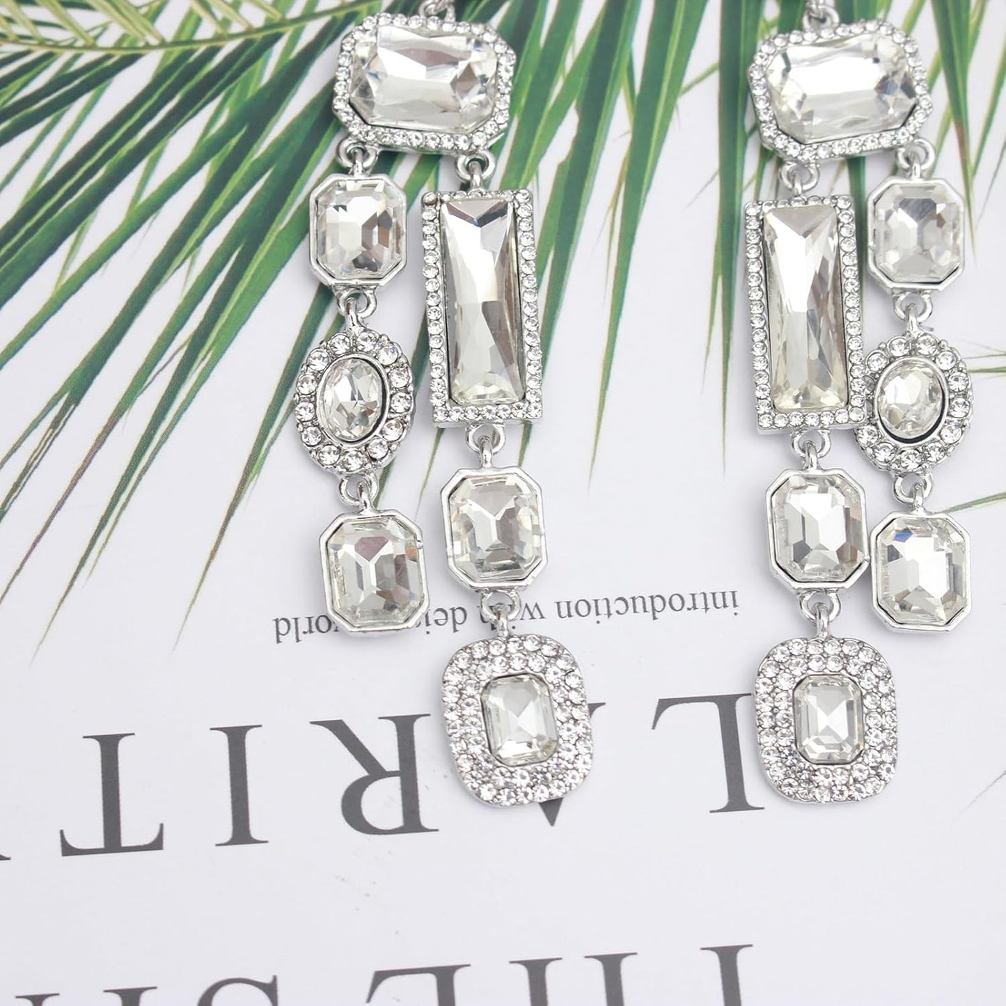 Vintage Rectangle Teardrop Chandelier Earrings, Art Deco Wedding Austrian Crystal Drop Dangle Earrings for Women Party Prom