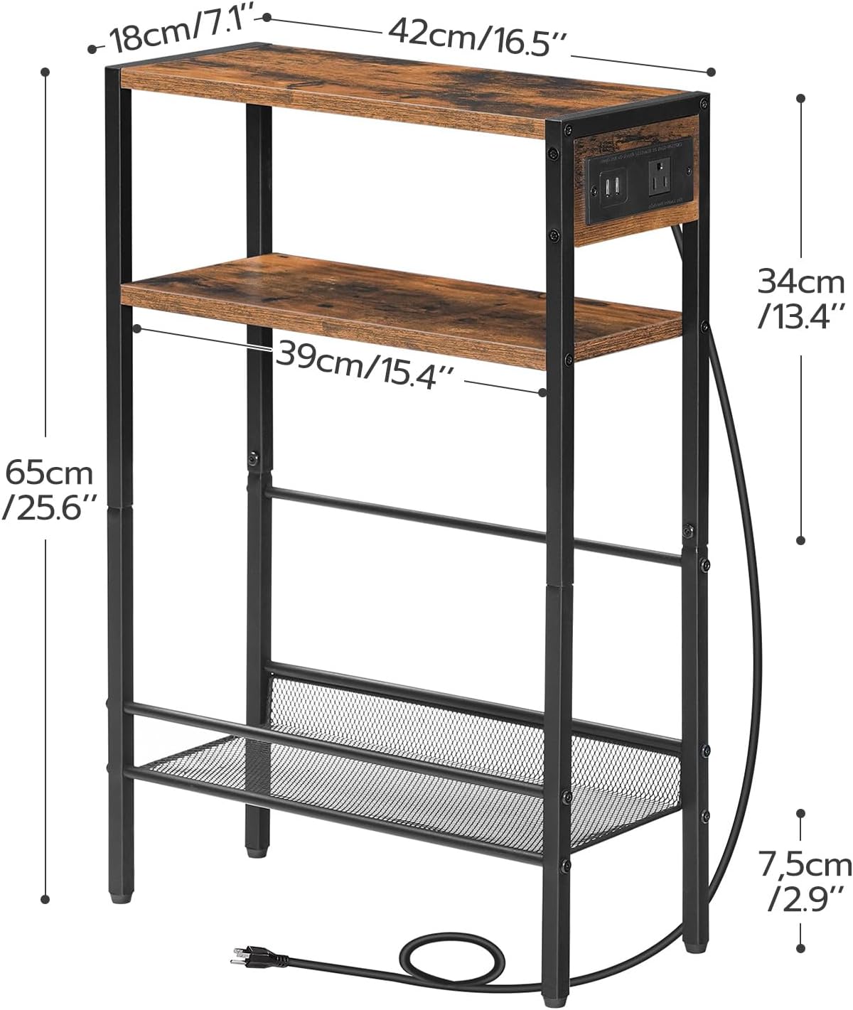 Small Narrow Side Table with Charging Station, Slim Nightstand with USB Ports Outlet