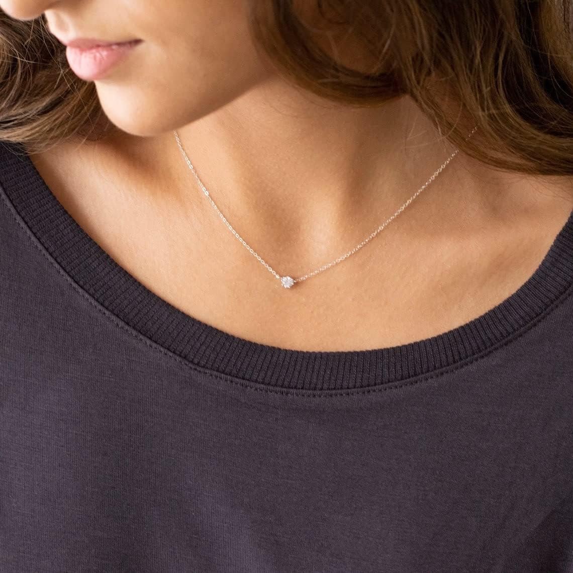 14K Gold Plated Solitaire Pendant Necklace - Round CZ Diamond Choker for Women