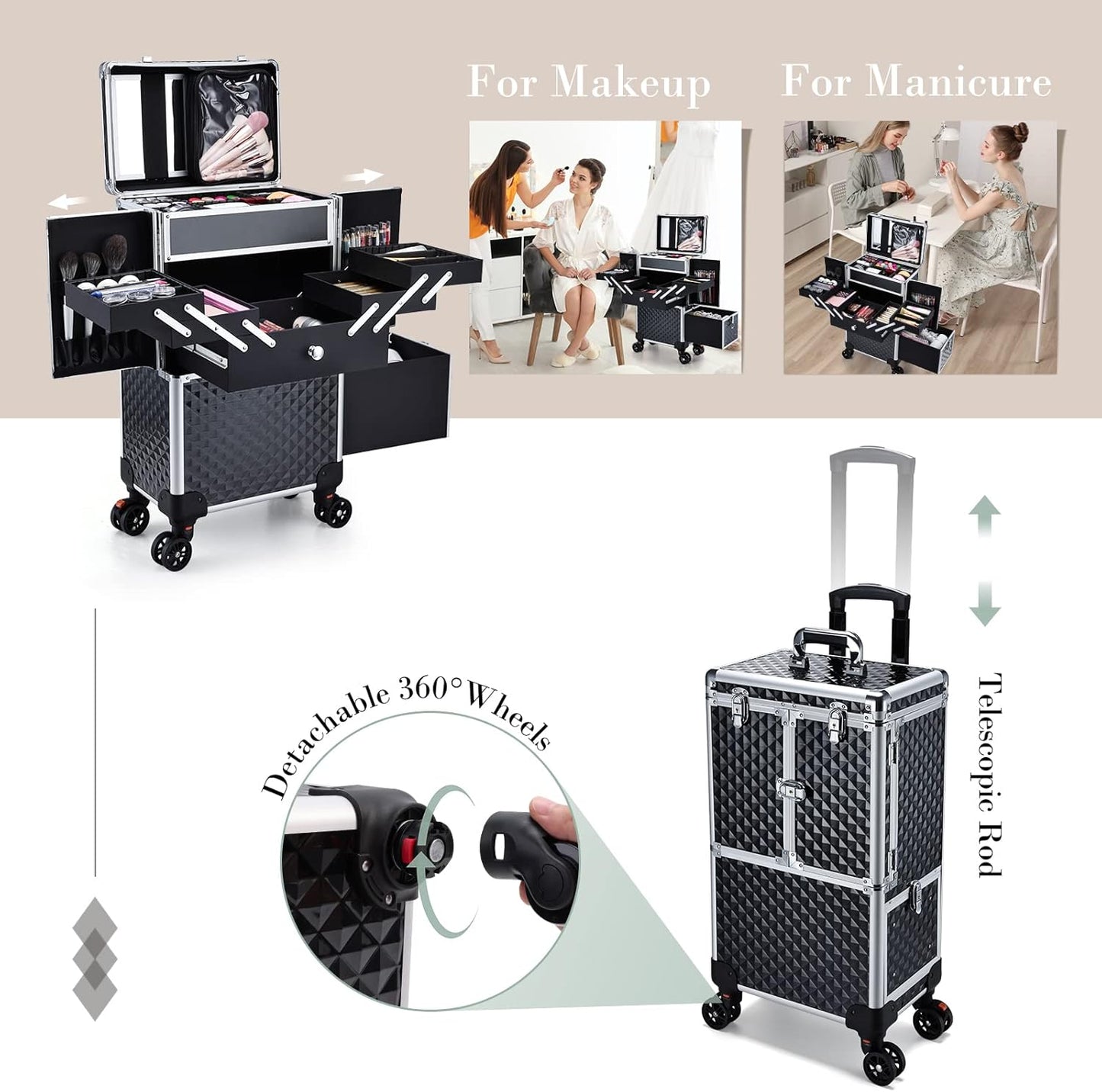 Professional Makeup Artist Rolling  Case Multi-functional Cosmetic  Case