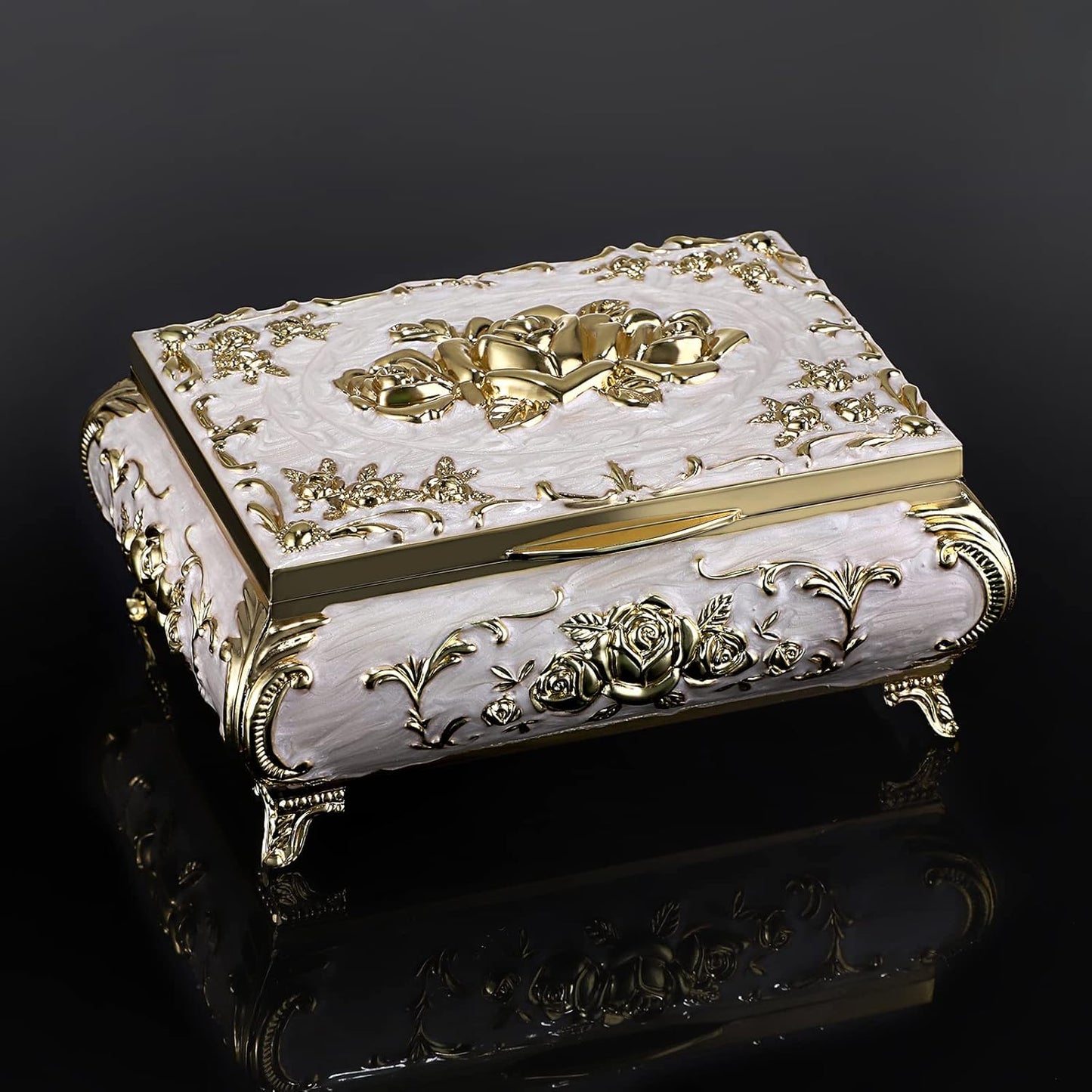 Vintage Music Box, Beige Metal Musical Jewelry Box Keepsake Box, Small Trinket Jewelry Storage Box