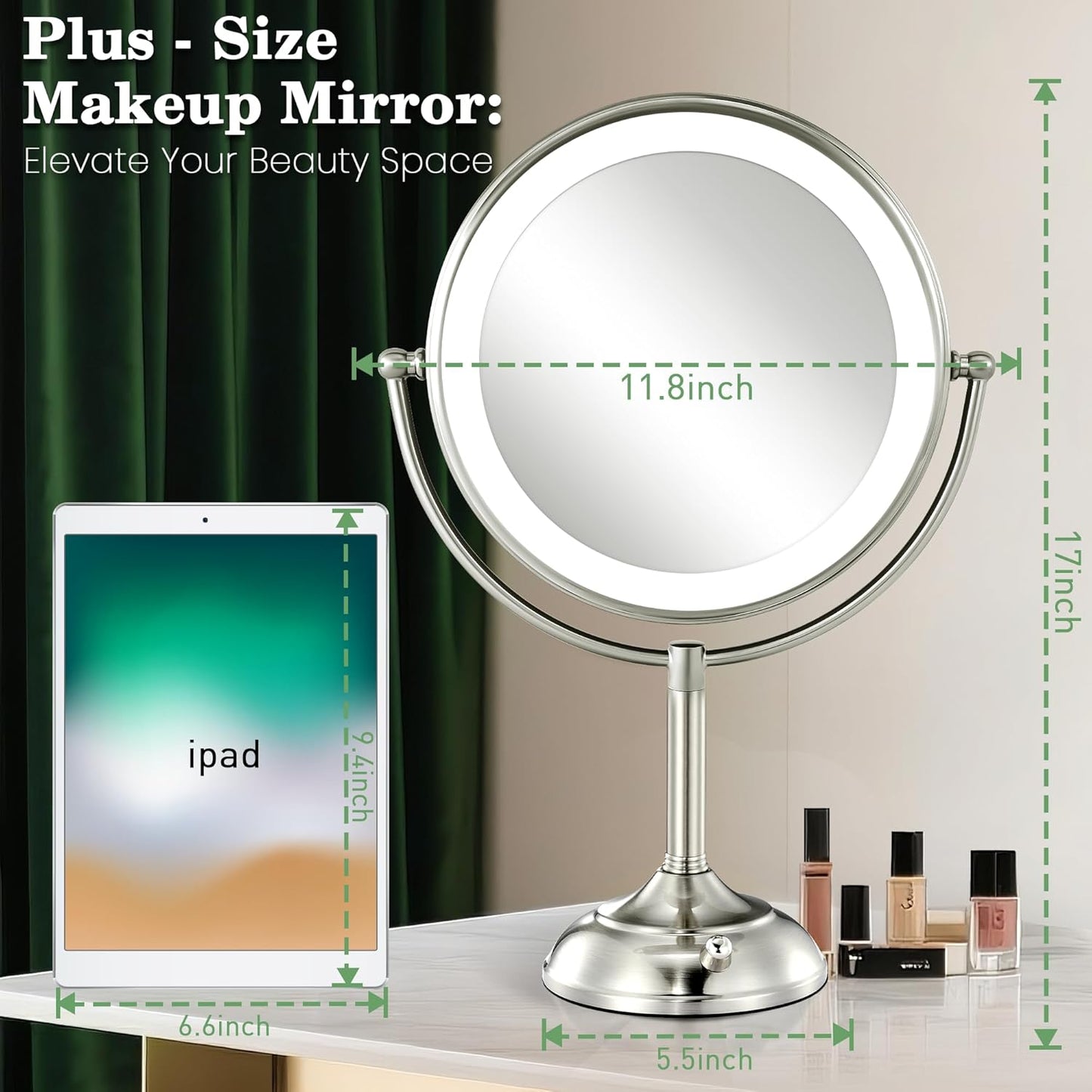 11.8" Extra Large 17" Tall Lighted Makeup Mirror, 1X/5X/10X 3-Sided , 3 Color 360° Swivel Dual Power Vanity Mirror