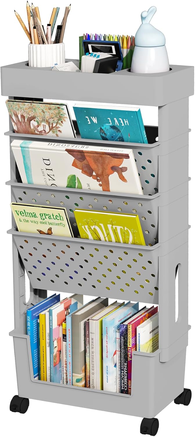 5-Tier Mobile Bookshelf, Rolling Bookcase Book Storage Rack, Movable File Folder Organizer Cart