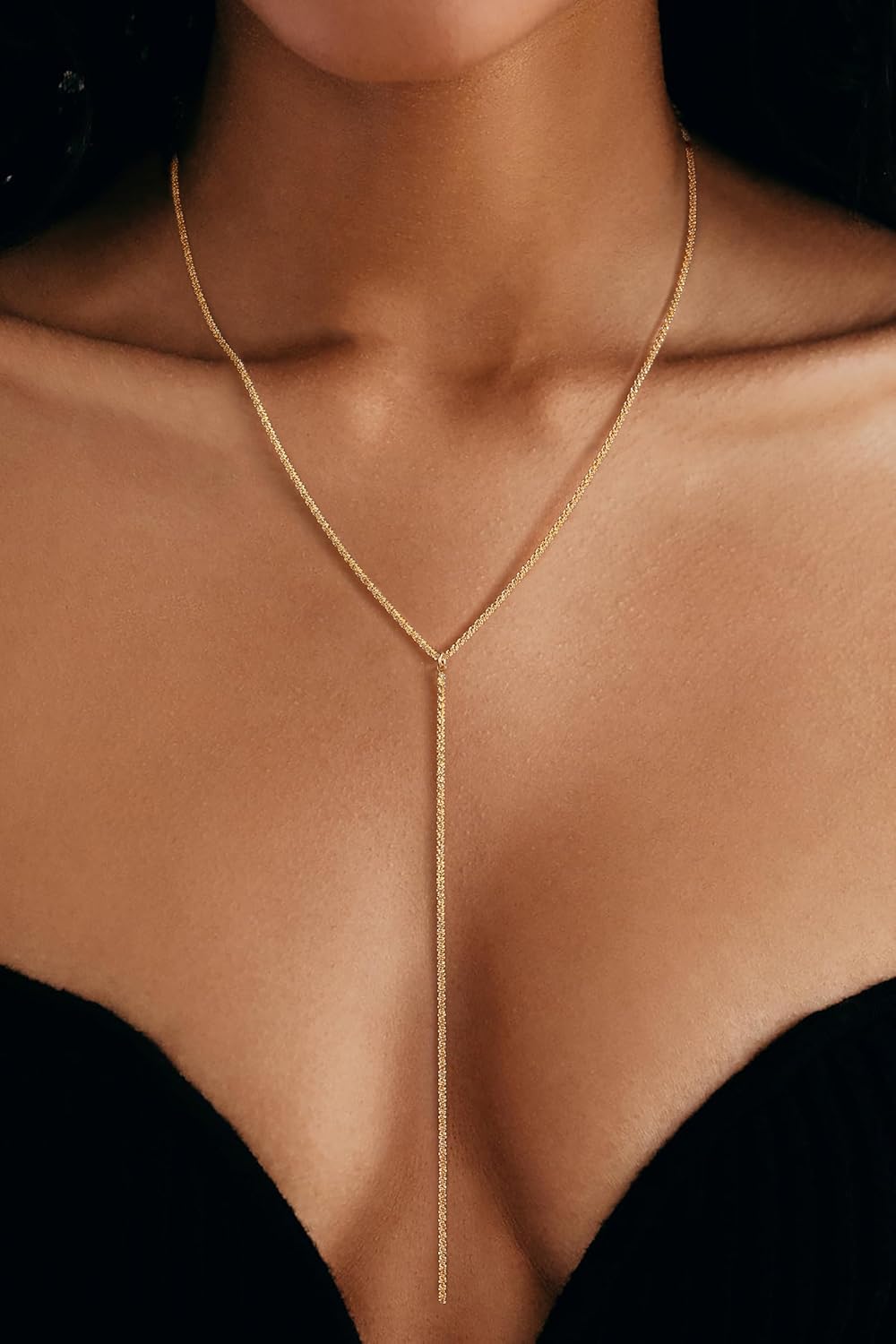 Two-Tone Gold & Silver Y Necklace, Layered Dangle Statement Body Chain For Women, Beach Boho Cleavage Jewelry For Vacation Or Prom