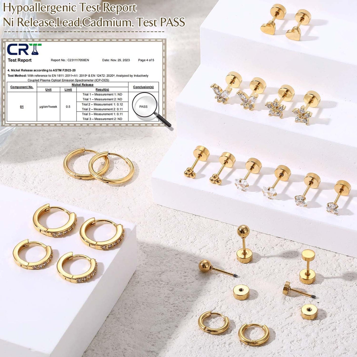 Jstyle Surgical Steel Earrings for Sensitive Ears 14K Gold Flat Back Earrings for Women Men Small Stainless Steel Earrings
