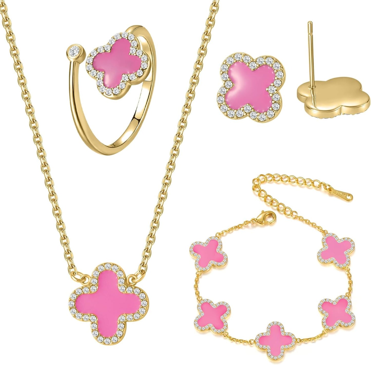 Qitian Clover Bracelet for Women 18K Gold Four Leaf Pink Lucky Link Clover Bracelets, Trendy Bracelets Set