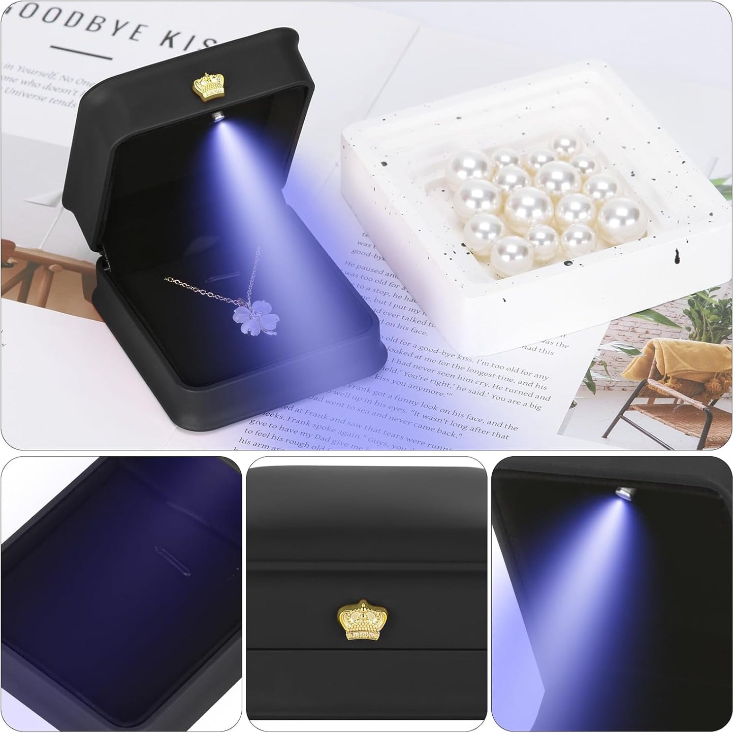 Necklace Pendant Gift Box with LED Light, Leather Jewellry Storage Display Case