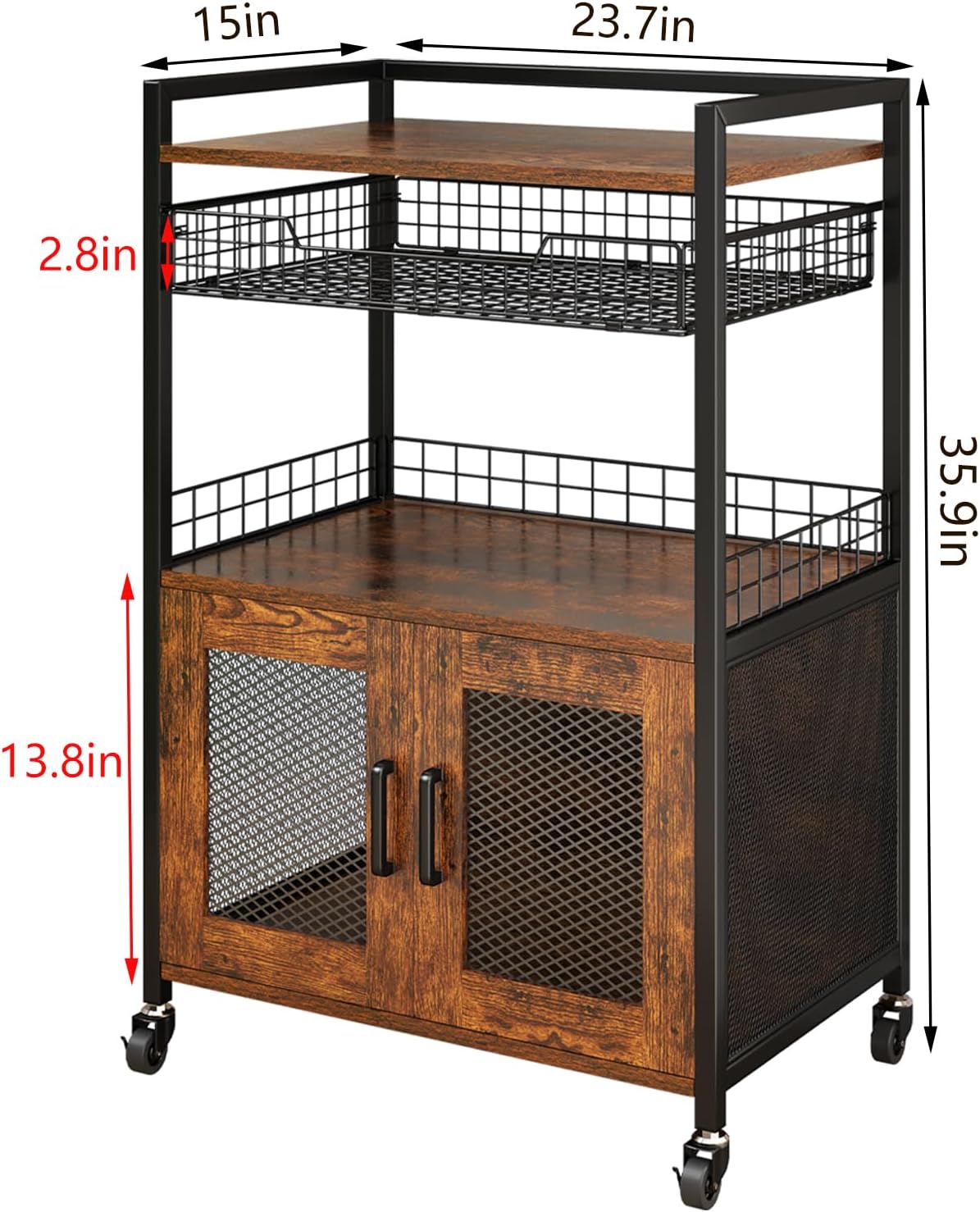 3 Tier Coffee Station Table on Wheels, 35.9" H Bar Cart with Wire Basket Drawer & 5 Hooks for Home Kitchen