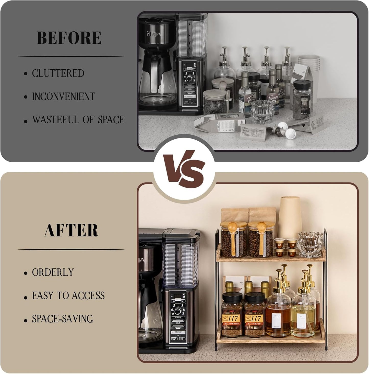 Countertop Coffee Station Organizer, 2 Tier Wooden Shelf for Coffee Bar Accessories, Condiment Storage Caddy