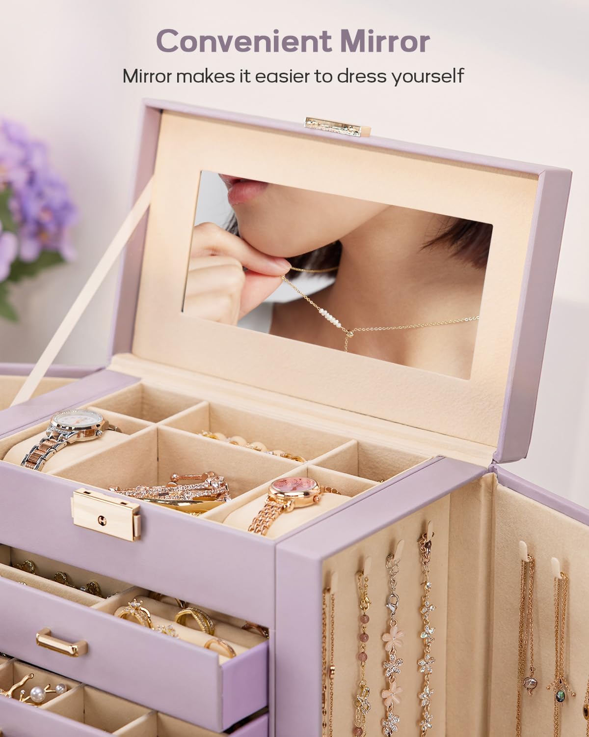 Synthetic Leather Huge Jewelry Box Mirrored Watch Organizer Necklace Ring Earring Storage Lockable