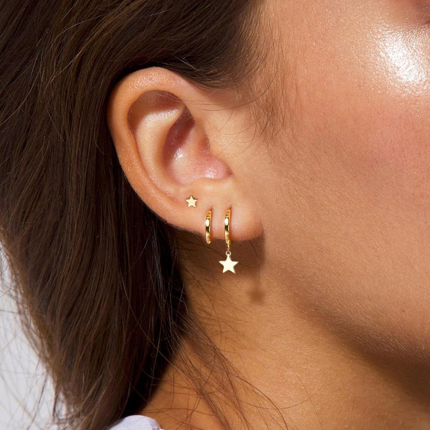 3 Pairs Small Gold Hoop Earring, 14K Gold Plated Earring Stacks Butterfly Heart Star Moon Bow Four Leaf Rhombus Round CZ Pearl