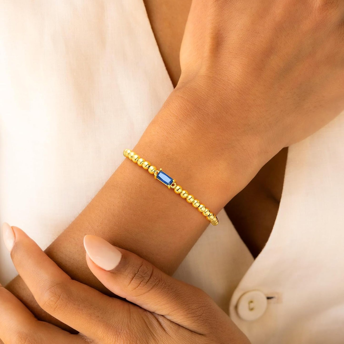 Dainty Birthstone Bracelet for Women - Elastic 14K Gold Plated Bead Bracelets Trendy Friendship Birthday Jewelry Gifts for Women