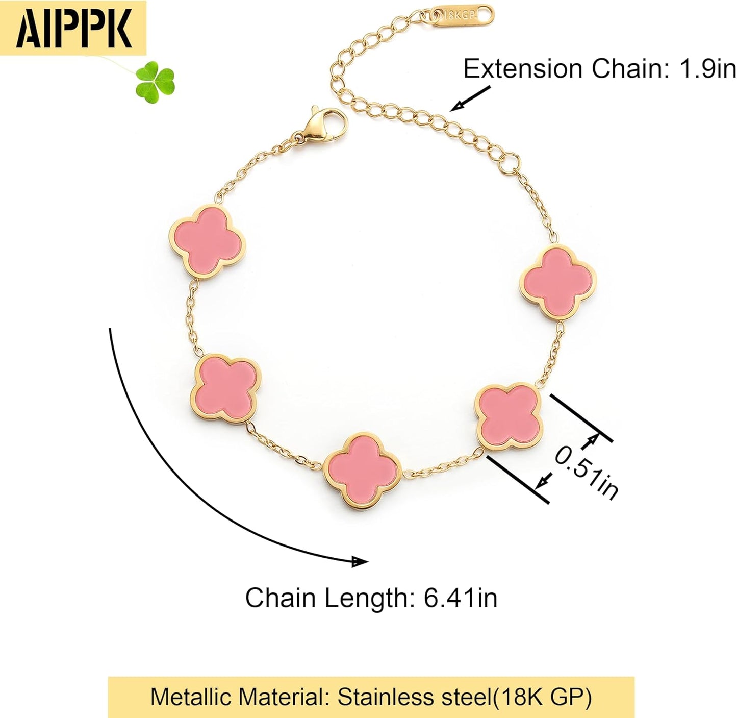 18K Gold Plated Clover Lucky Bracelet for Women White/Black/Red/Green Flower Four Leaf Link Bracelets