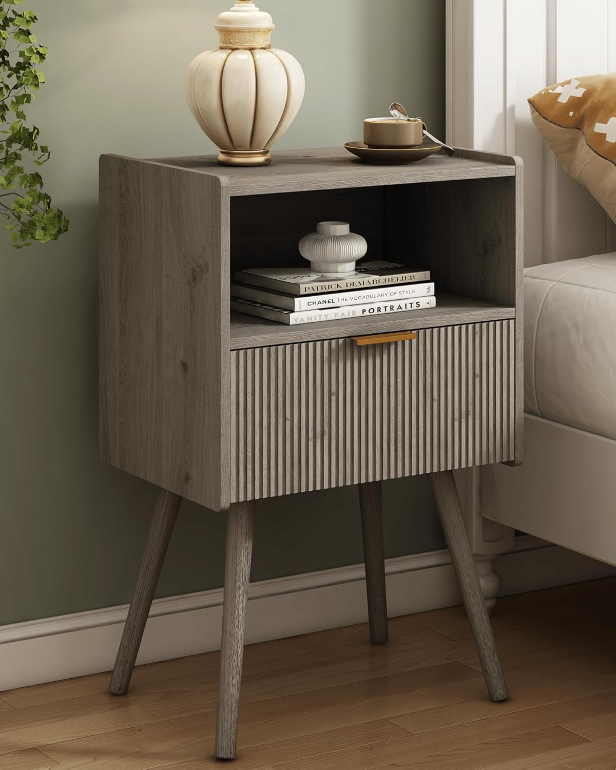 Nightstand, with Storage Drawer and Open Wood Shelf,  Accent Night Stand Easy Assembly