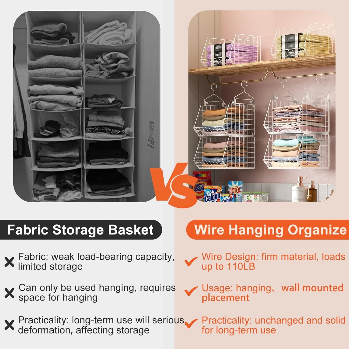 6 Tier Closet Hanging Organizer, Clothes Hanging Shelves with 4 Hanging Hooks 5 S Hooks