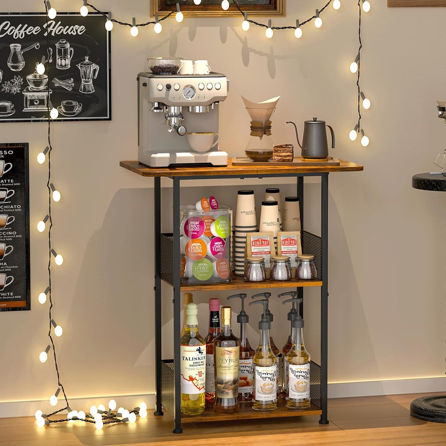 Mini Floor Standing Coffee Bar Shelf,3-Tier Small Coffee Table,Corner Farmhouse Coffee Bar Cabinet;Dining Room