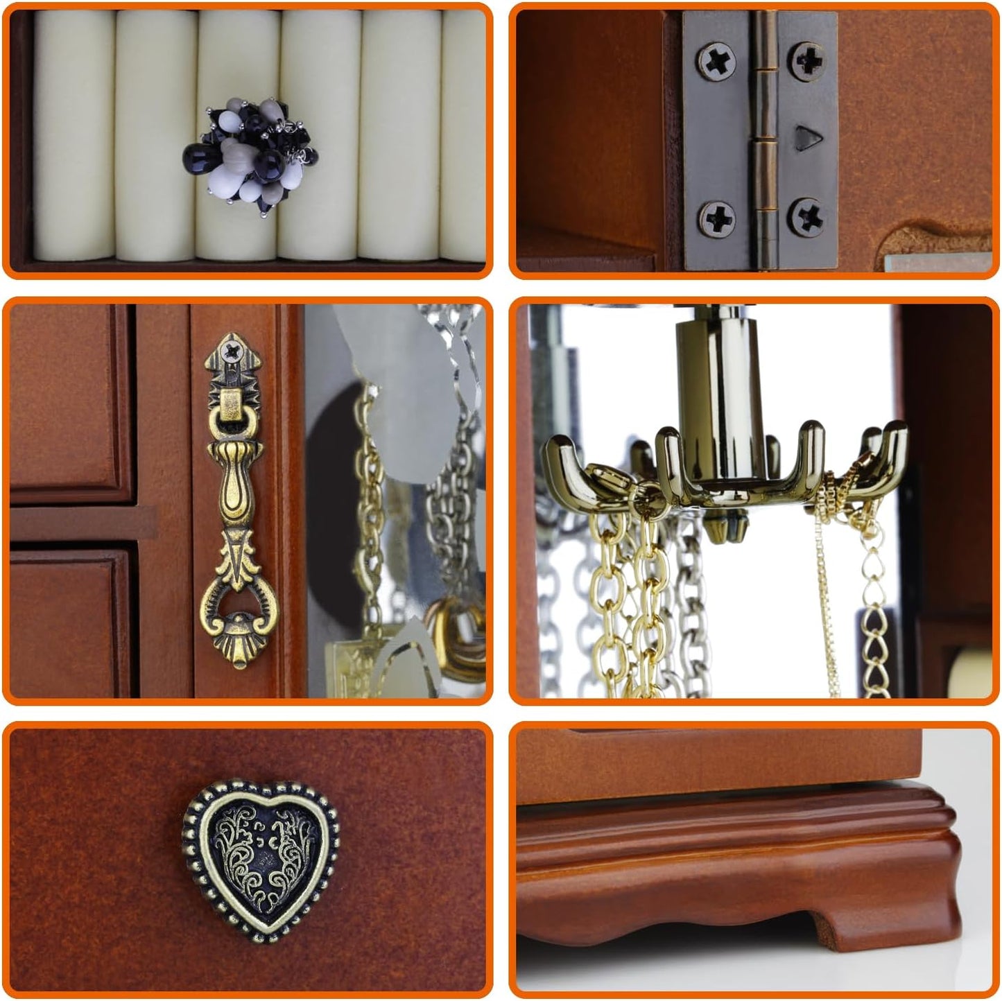 Solid Wooden Jewelry Box Organizer Women Ring Storage with 4-Drawers Built-in Necklace Carousel and Mirror