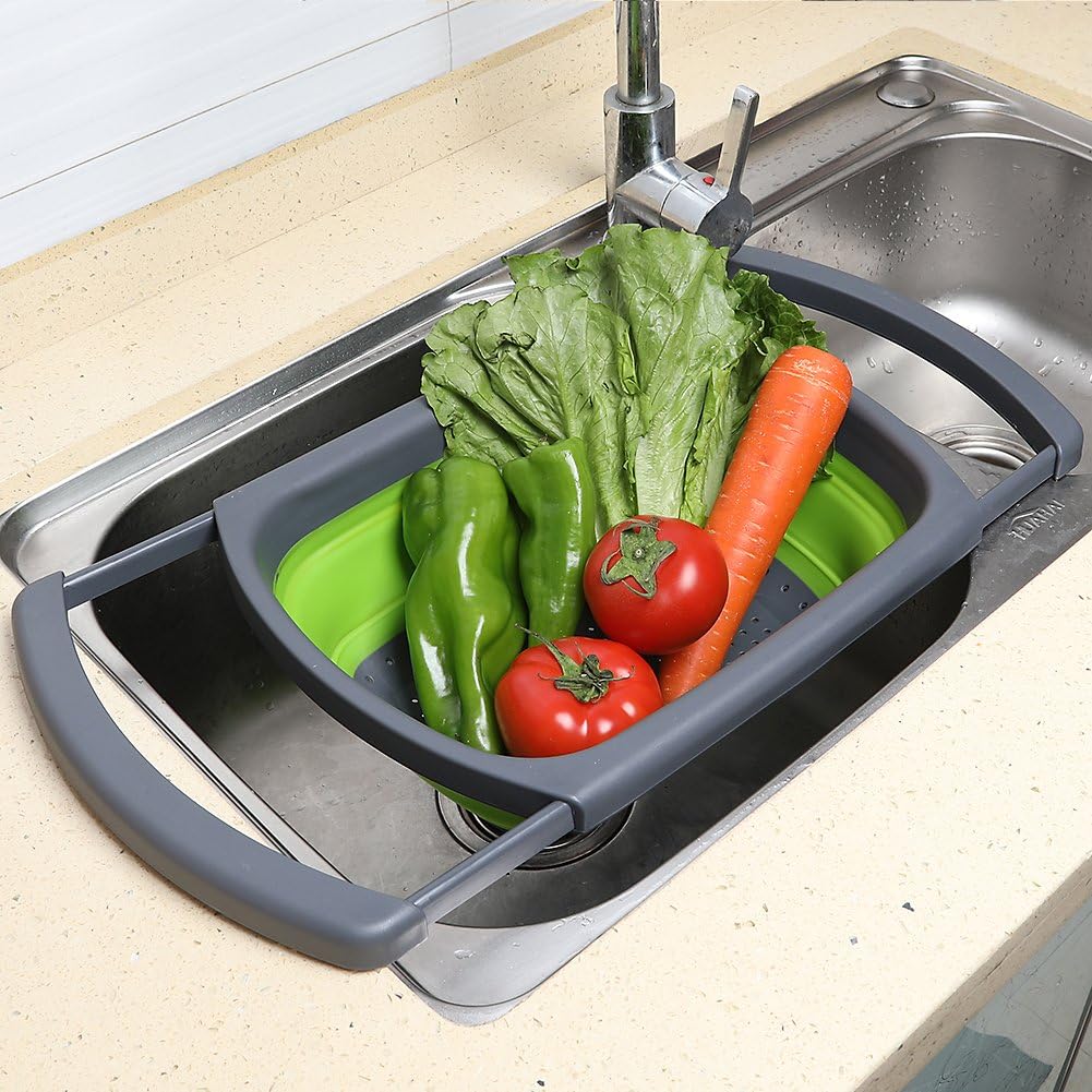 Colander collapsible, Colander Strainer Over The Sink Vegetable Fruit Strainer Basket (6 Quart) with Extendable Handles