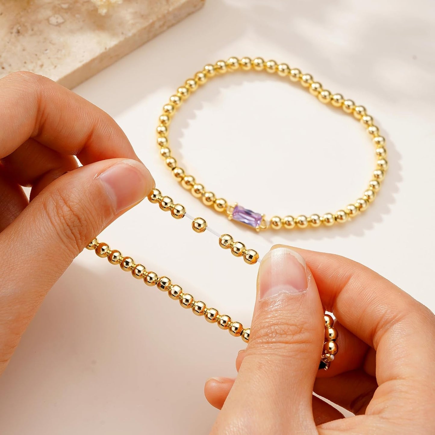 Dainty Birthstone Bracelet for Women - Elastic 14K Gold Plated Bead Bracelets Trendy Friendship Birthday Jewelry Gifts for Women