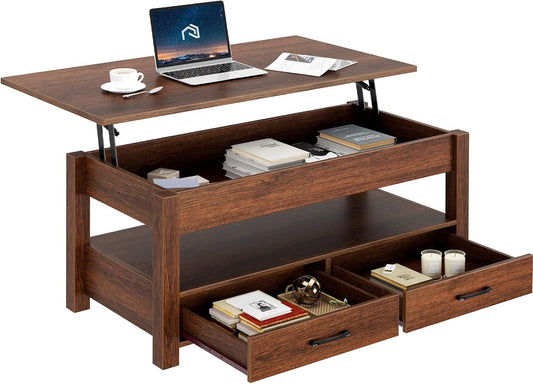 Living Lift Top Coffee Table with Drawers and Hidden Compartment, Retro Central Table with Wooden Lift Tabletop
