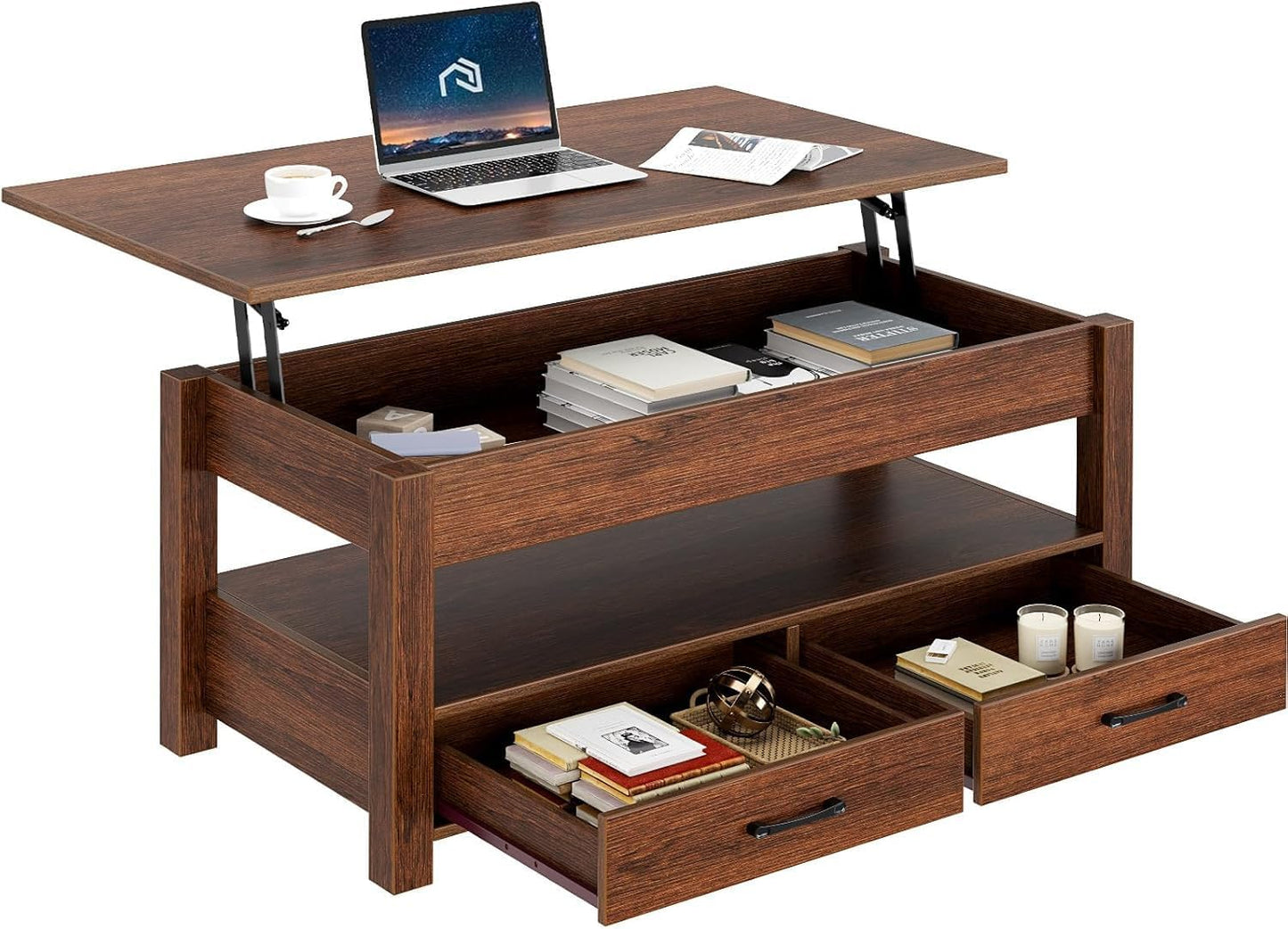 Living Lift Top Coffee Table with Drawers and Hidden Compartment, Retro Central Table with Wooden Lift Tabletop