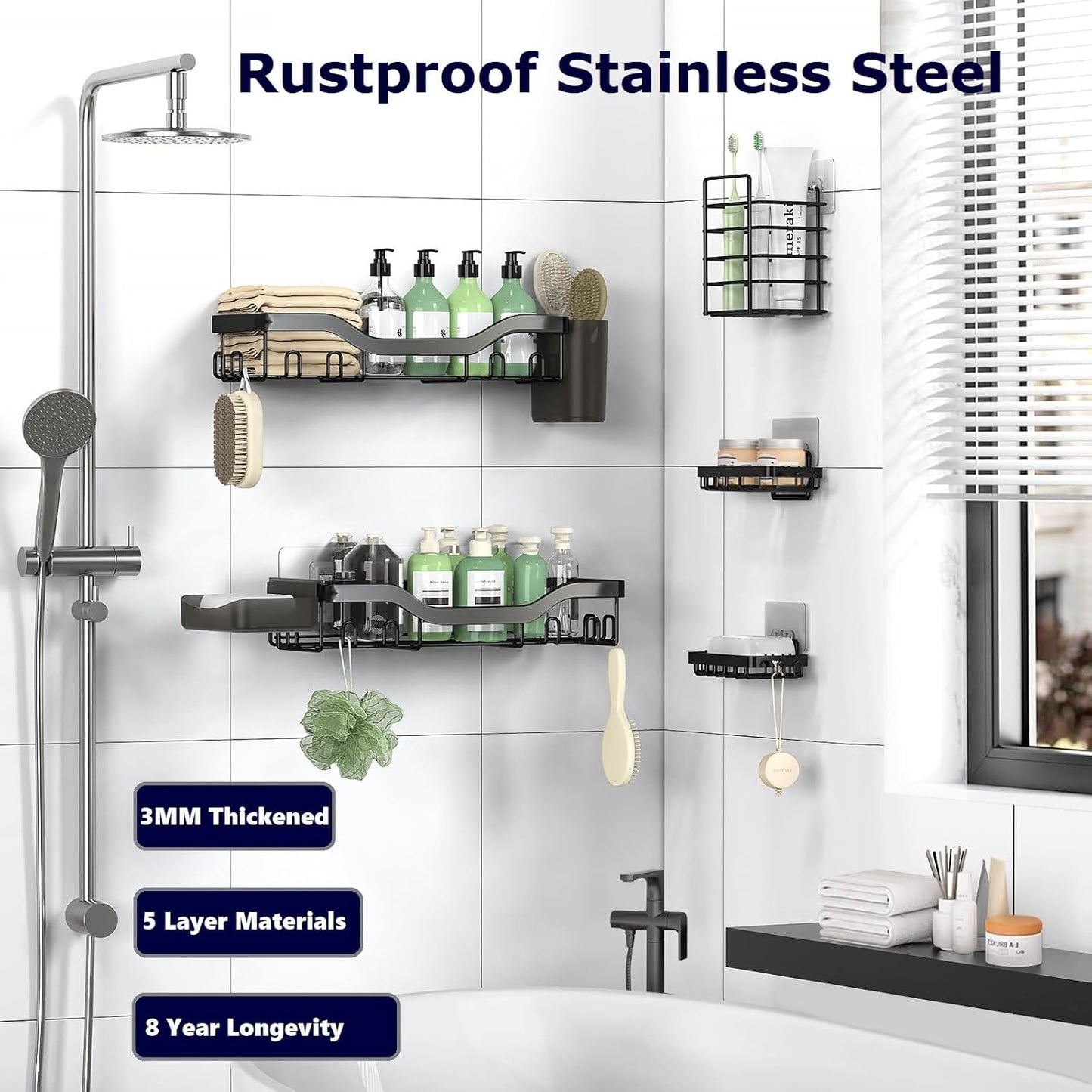 Shower Caddy Adhesive Shower Organizer 7-Pack, No-Drill Rack Storage Accessories
