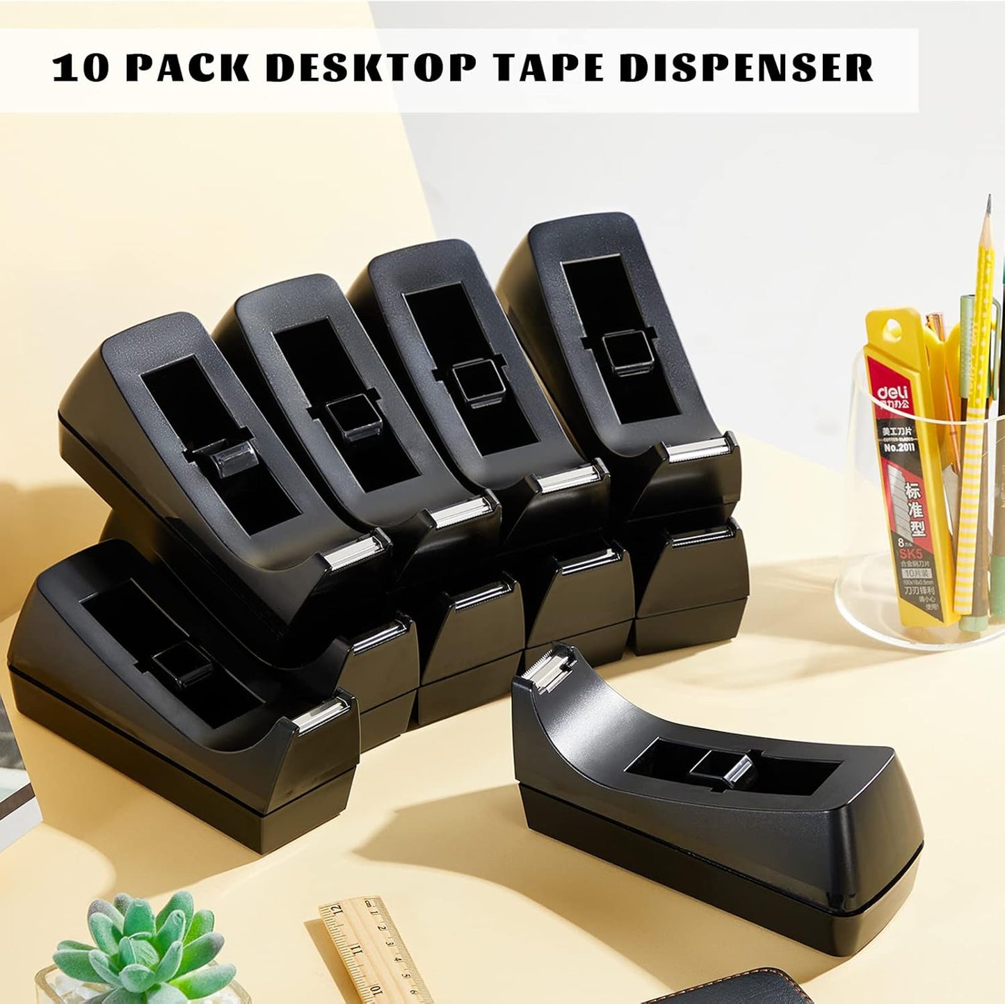 OMOMMD 10 Pack Desktop Tape Dispensers Non Skid Base for Office Home School (Tape Not Included) (Black)