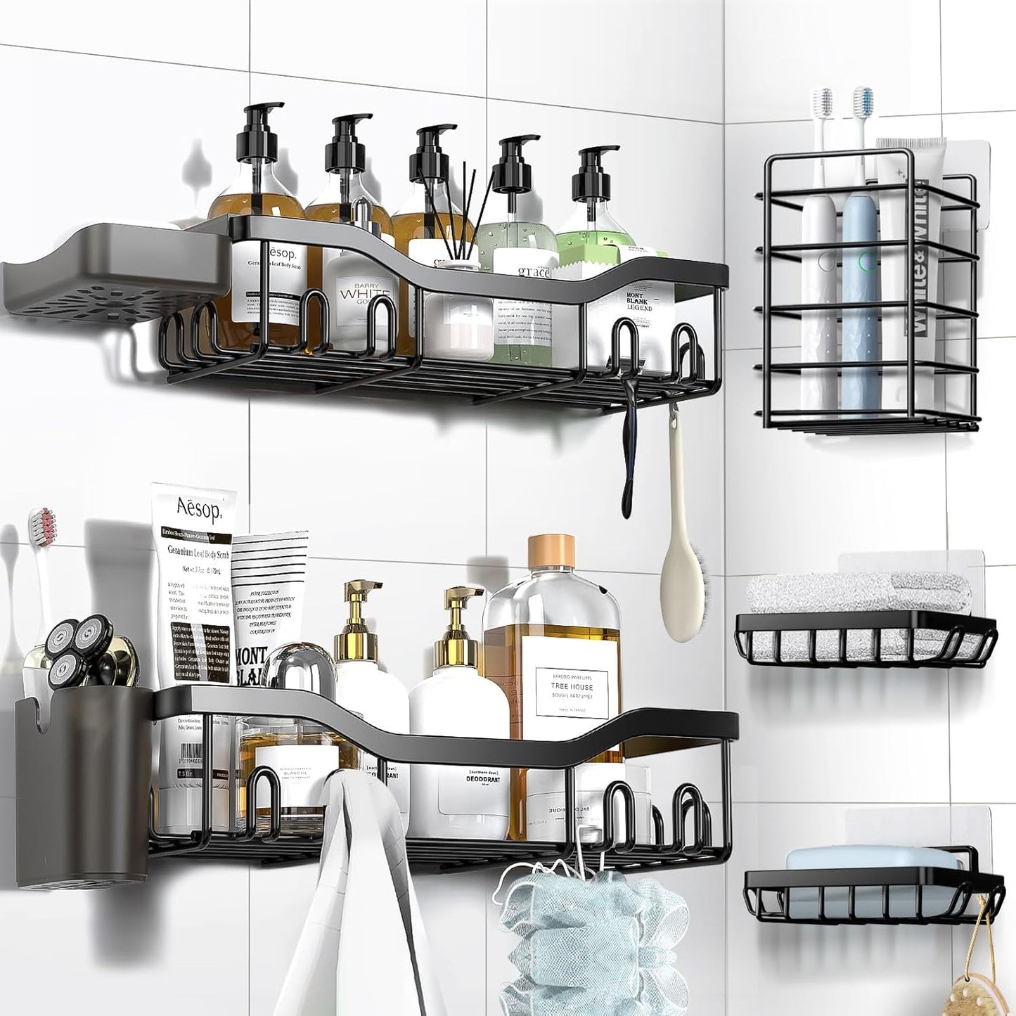 Shower Caddy Adhesive Shower Organizer 7-Pack, No-Drill Rack Storage Accessories