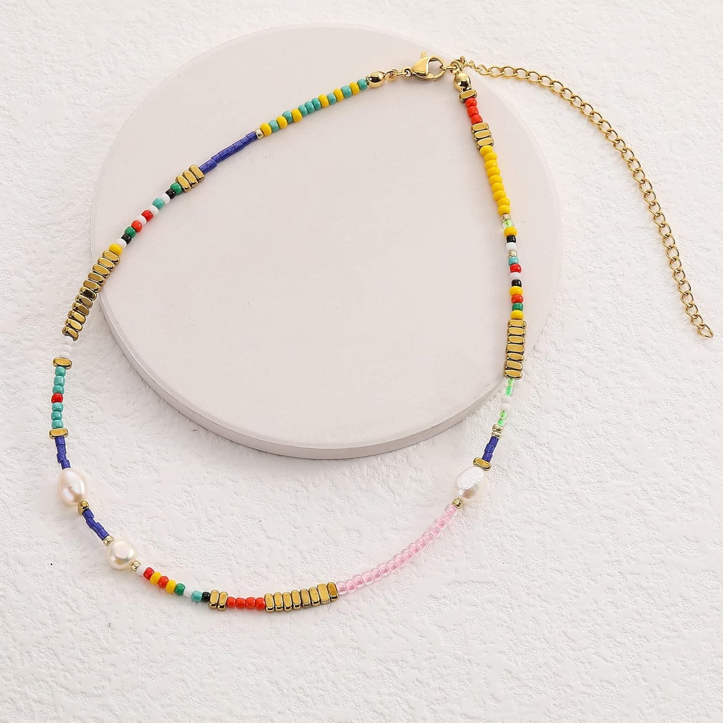 Colorful Beaded Necklace - Freshwater Pearl & Evil Eye Pendant, Stainless Steel 18K Gold Plated Y2K Trendy Jewelry for Women & Teen Girls